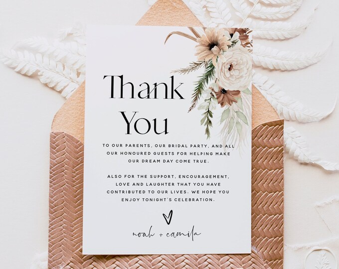 Boho Floral Wedding Thank You Cards Template, Elegant Wedding, Thank You Letter, Thank You Note, Thank You Card, Editable Template, F21