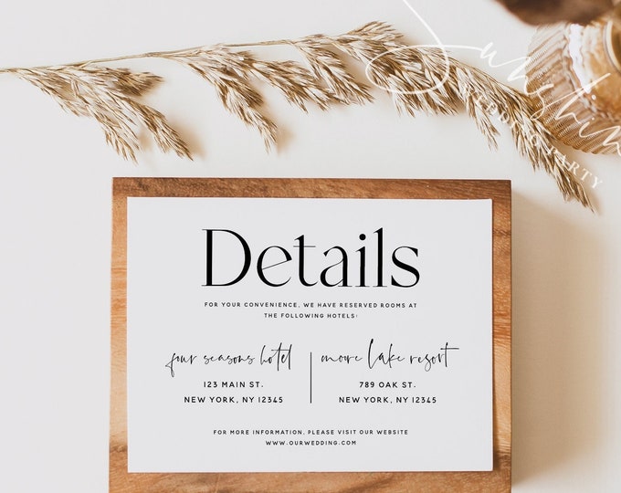 Minimalist Wedding Details Card Template, Modern Wedding, Accommodations Cards, Wedding Insert Card, Elegant Wedding, Instant Download, M15
