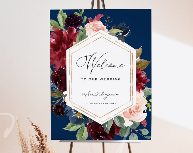 Navy Burgundy Wedding Welcome Sign Template, Marsala Floral Welcome Board, Printable Welcome Sign, Editable Template, Instant Download, F17