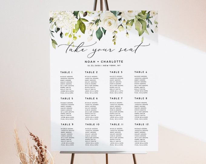 White Rose Wedding Seating Chart Template, Bohemian Wedding, Seating Plan Sign, Boho Wedding, Printable Signs, Editable Template, F7