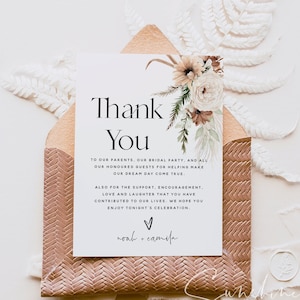 Plantilla de tarjeta de agradecimiento de boda con flores bohemias, boda elegante, carta de agradecimiento, nota de agradecimiento, tarjeta de agradecimiento, plantilla editable, F21