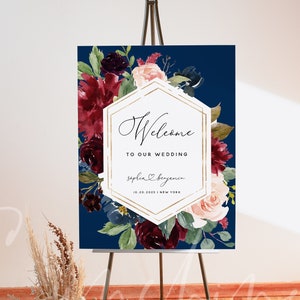 Navy Burgundy Wedding Welcome Sign Template, Marsala Floral Welcome Board, Printable Welcome Sign, Editable Template, Instant Download, F17