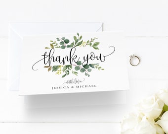 Thank You Note Card Template, Printable Greenery Wedding / Bridal Shower Folded Card, INSTANT DOWNLOAD, 100% Editable Text, Templett, G3