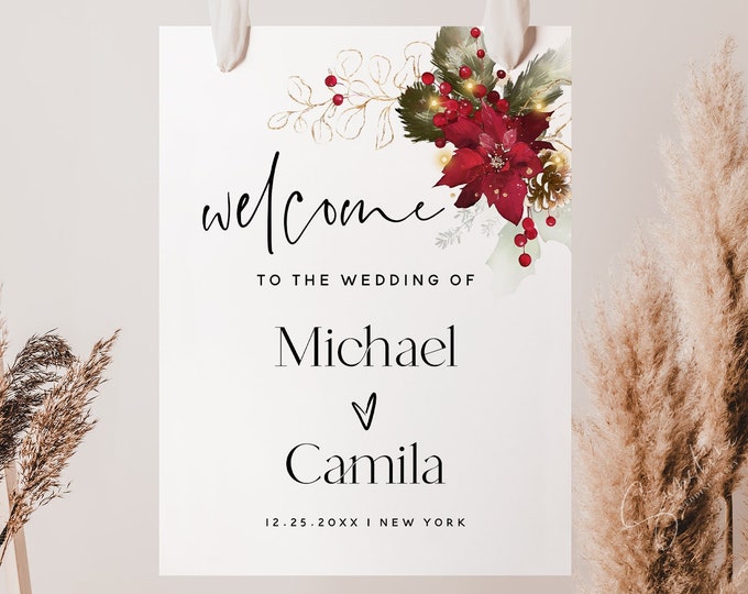 Christmas Wedding Welcome Sign Template, Welcome Sign Board, Welcome Sign Poster, DIY Welcome Sign, Winter Wedding, Printable Signs, F25