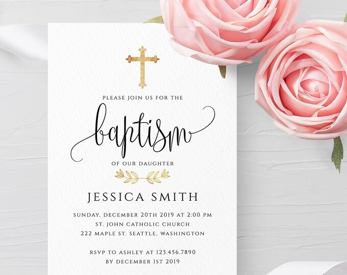Pink Floral Baptism Invitation | Girl Christening Template | Editable Templett | Instant Download | Printable or Digital | Modern Invite R1