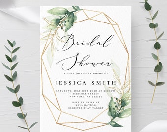 Bridal Shower Invitation Template | Greenery & Gold Design | Editable with Templett | Instant Download | Printable | DIY Invite | G1