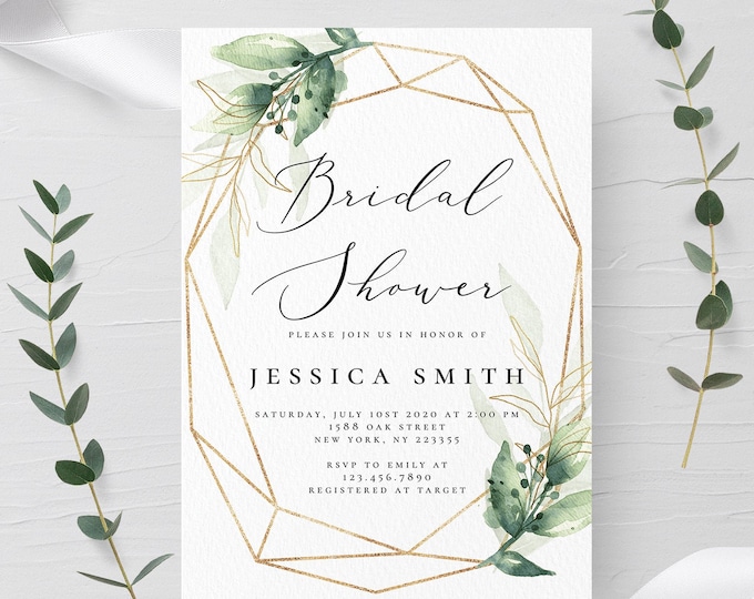 Bridal Shower Invitation Template Greenery and Gold 100% Editable Text Printable Eucalyptus Bridal Shower Card Instant Download Templett G1