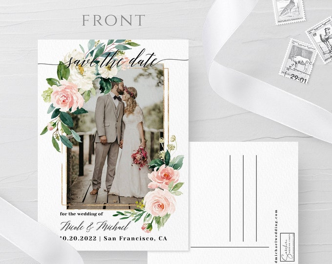 Photo Postcard Save the Date Template, Blush White Floral, Photo Save the Date, DIY Printable, Editable Save the Date Picture Template, F5