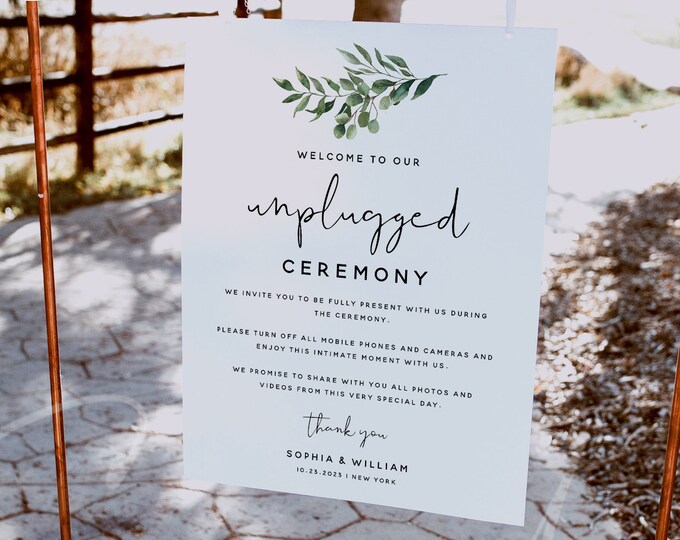 Unplugged Ceremony Sign Template, No Pictures, No Photos Please, Greenery Unplugged Sign, Wedding Sign, Instant Download, Templett, G5