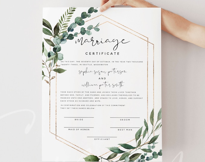 Certificate of Marriage Template, Greenery Wedding Certificate, Editable Wedding Vow Keepsake, Instant Download, 8x10, 16x20, Templett, G5