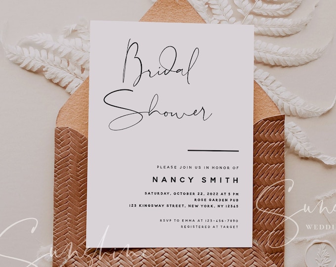 Modern Minimalist Bridal Shower Invitation Template, Printable Wedding Bridal Shower, Electronic Bridal Shower, Templett Instant Download M4