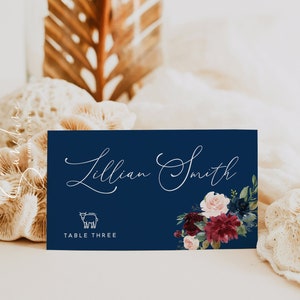 Marine Burgunder Tischkarten Vorlage, Marsala Hochzeit Tent Fold Tischkarten, Hochzeit flache Tischkarte, Tischnamenkarte, Boho Hochzeit, F17