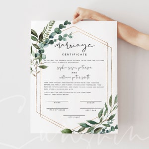 Certificate of Marriage Template, Greenery Wedding Certificate, Editable Wedding Vow Keepsake, Instant Download, 8x10, 16x20, Templett, G5