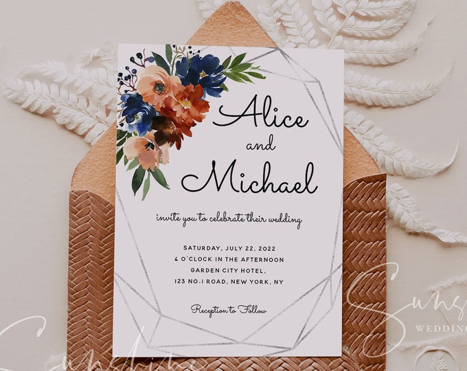 Navy & Coral Wedding Invitation Template, Printable Wedding Invitation, Editable Rustic Floral Wedding Invite, Instant Download, Templett