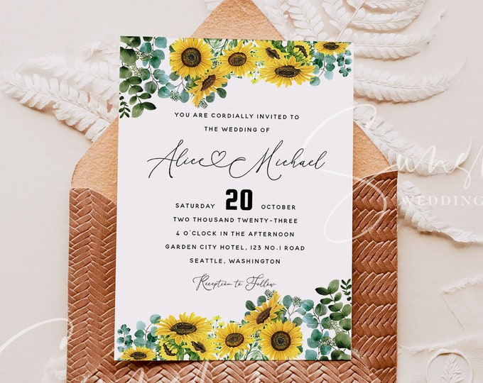 Sunflower Eucalyptus Wedding Invitation Template, Printable Wedding Invitation Template, Editable Wedding Template, Templett, Instant, F13