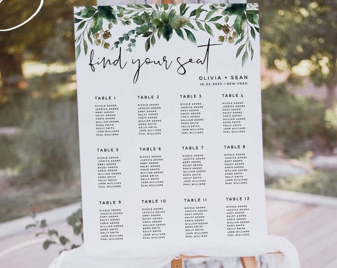 Greenery Seating Chart Sign Wedding Template, Greenery Seating Chart Sign, Seating Chart Board, Seating Chart Cards, Instant Download, G5