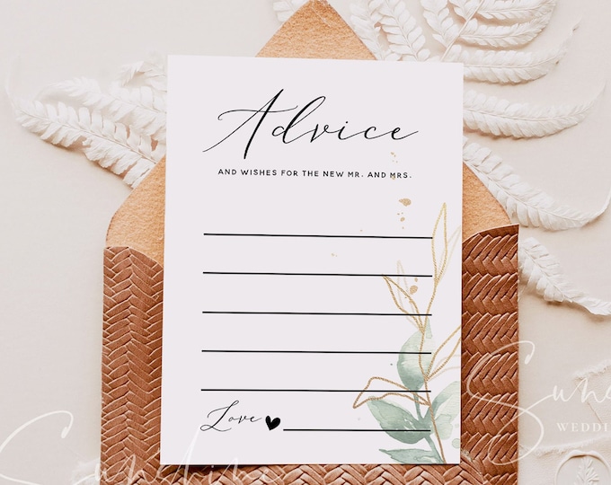 Gold Greenery Wedding Advice Card Template, Printable Wedding Advice for the Bride & Groom, Editable Advice, Instant Download, Templett, G1