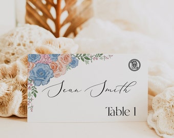 Wedding Place Cards Template, Dusty Blue Peach Blush Floral Wedding, Tent Fold Place Cards, Flat Place Cards, Editable Table Name Cards, F28