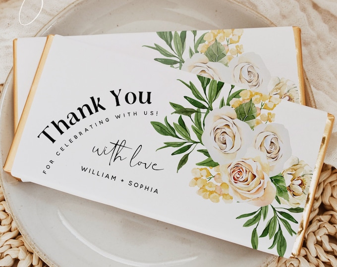 White Rose Floral Chocolate Bar Wrapper Template for Wedding, Bridal Shower, Baby Shower, Birthday, Baptism, Party, Instant Download, F27