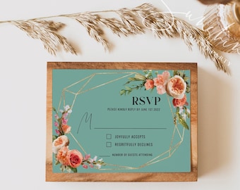 Coral and Green Wedding RSVP Card Template, Garden Wedding, Kindly Reply Card Template, RSVP Template, RSVP Insert, Instant Download, F22