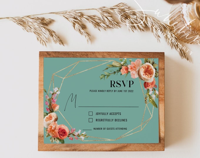 Coral and Green Wedding RSVP Card Template, Garden Wedding, Kindly Reply Card Template, RSVP Template, RSVP Insert, Instant Download, F22