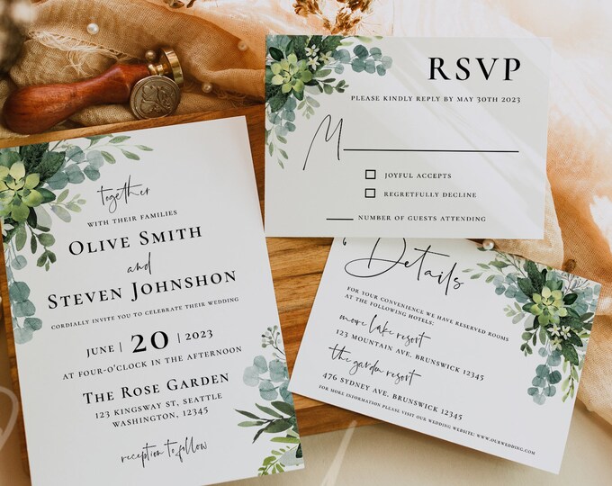 Greenery Wedding Invitation Set, Eucalyptus Greenery Wedding Invitation Suite, Invitation Kit RSVP Details Card Instant Download Templett G3