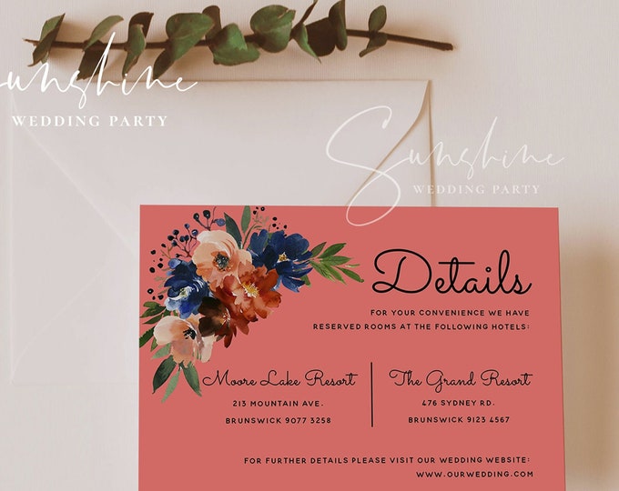Navy & Coral Wedding Details Card Template, Printable Floral Wedding Information Cards, Editable Accommodations Cards, Instant Download, F11