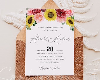 Sunflower Burgundy Wedding Invitation Template, Printable Floral Wedding Invitation Template, Editable Wedding Template Templett Instant F12