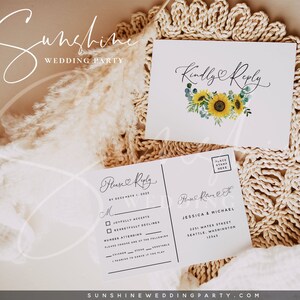 Modèle de carte postale RSVP tournesol eucalyptus, carte postale de mariage imprimable RSVP, RSVP modifiable, téléchargement immédiat, Templett, Invitation, F13