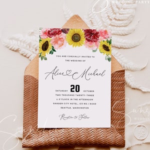 Plantilla de invitación de boda con girasoles en color burdeos, plantilla de invitación de boda con flores para imprimir, plantilla de boda editable Templett Instant F12
