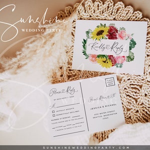 Modèle de carte postale RSVP bordeaux tournesol Modifiable imprimable carte postale de mariage RSVP RSVP mariage, téléchargement immédiat, Templett, Invitation, F12
