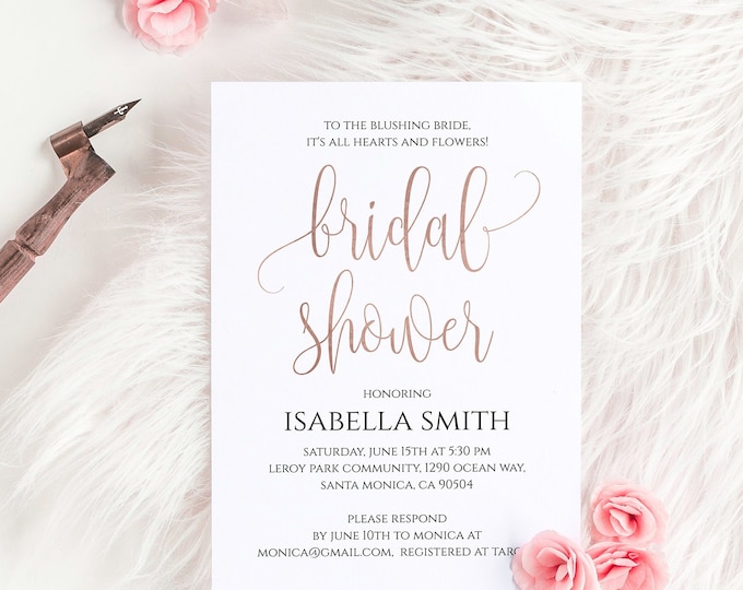 Rose Gold Bridal Shower Invitation Template | Editable Templett | Instant Download | Modern Script Printable for Bride Party | Wedding DIY