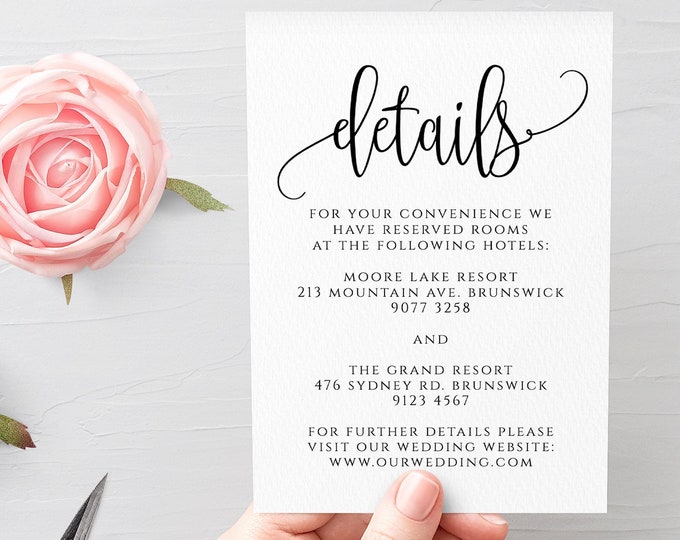 Wedding Details Card Template Fully Editable Printable Wedding Information Card Wedding Accommodations Card Template Templett Calligraphy R1