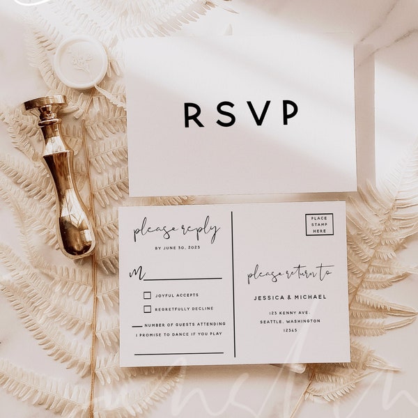 Wedding Invitation PSVP Postcard Template, Wedding Postcard RSVP, Printable RSVP Kindly Reply, Editable Text, Instant Download, Templett, M8