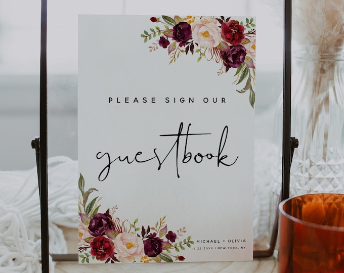 Guest Book Sign Template: Boho Dusty Pink Burgundy Floral, Printable Wedding Reception Table Sign, Editable Guestbook Sign, Download | F2