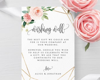 Blush White Floral Wedding Wishing Well Template Printable Wedding Wishing Well Card Template Editable Template Instant Download Templett F5