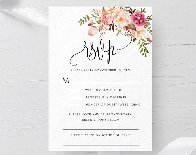 Marsala Wedding RSVP Template, Floral Wedding RSVP Template, Printable Wedding RSVP, 100% Editable Text, Instant Download, Templett, F4