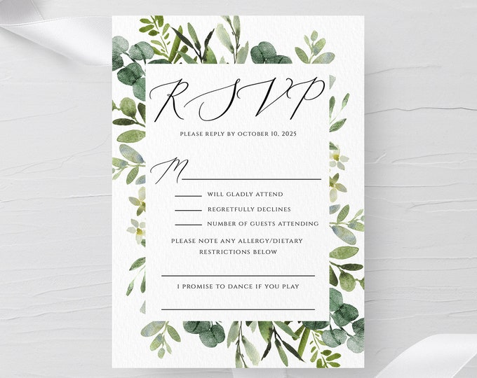 Greenery Wedding PSVP Template, Eucalyptus RSVP, 100% Editable Text, Printable Wedding RSVP Template, Wreath, Templett, Instant Download, G3