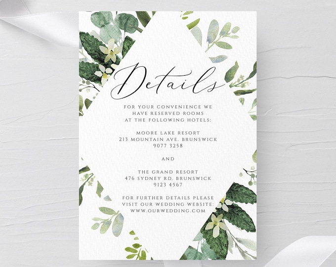 Greenery Wedding Details Template, Eucalyptus Greenery, Printable Details Card, DIY Card, NSTANT DOWNLOAD, 100% Editable Text, Templett, G3