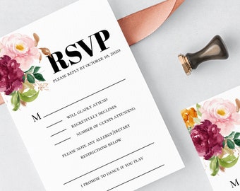 Wedding Invitation PSVP Template Burnt Orange Florals Fully Editable Printable Wedding RSVP Cards Wedding RSVP Instant Download Templett F8