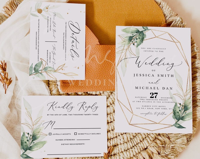 Eucalyptus Wedding Invitation Set Template, Greenery Gold Printable Invitation Suite Kit, RSVP, Details Card, Editable, Instant Templett, G1