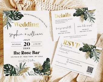 Tropical Wedding Invitation Kit Template, Greenery Wedding Invitation Set, Monstera Wedding, Printable Invitation, Editable Template, TG1