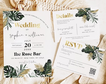 Tropical Wedding Invitation Kit Template, Greenery Wedding Invitation Set, Monstera Wedding, Printable Invitation, Editable Template, TG1