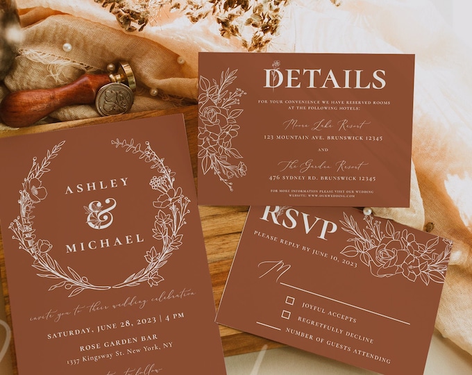 Terracotta Wedding Invitation Kit Template, Terracotta Wedding Invitation Suite, Modern Terracotta Invitation Template, Instant Download, T3