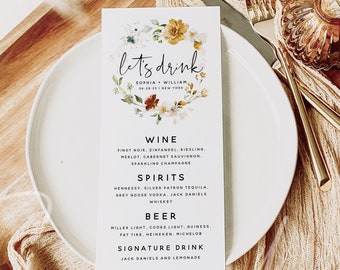 Marsala Wedding Drink Menu Card Template, Floral Let's Drink Menu, Wedding Drink Menu Printable, Editable Drink Menu Cards, Templett, F16