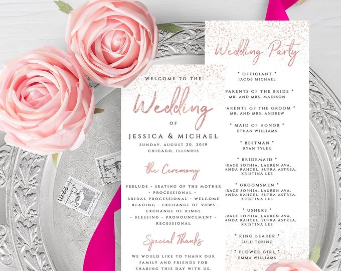 Rose Gold Wedding Program Template Printable Flat Program Template Printable Editable Wedding Program Rose Gold Templett Instant Download M1