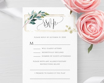 Wedding RSVP Template Greenery Gold Frame Printable RSVP Editable Wedding Invitation RSVP Template Kindly Reply Instant Download Templett F5