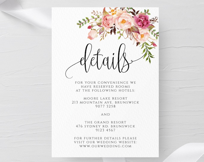 Marsala Wedding Details Template, Floral Wedding Details Template, Printable Wedding Details, 100% Editable, Instant Download, Templett, F4