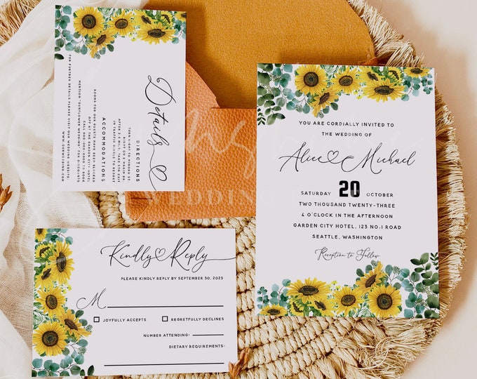 Sunflower Eucalyptus Wedding Invitation Set Template, Printable Invitation Suite, RSVP, Details Card, Editable Instant Download Templett F13