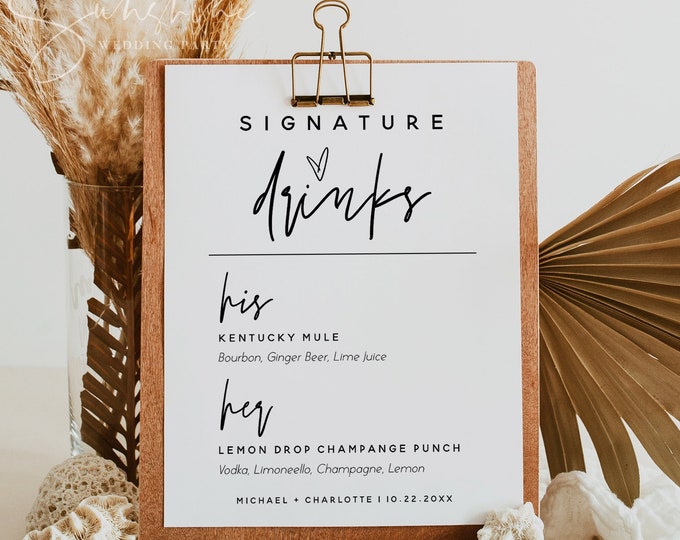 Signature Drinks Sign Template, Minimalist Modern, Wedding Signature Drinks Sign, His and Hers Drink Bar Sign, Editable Template, M7